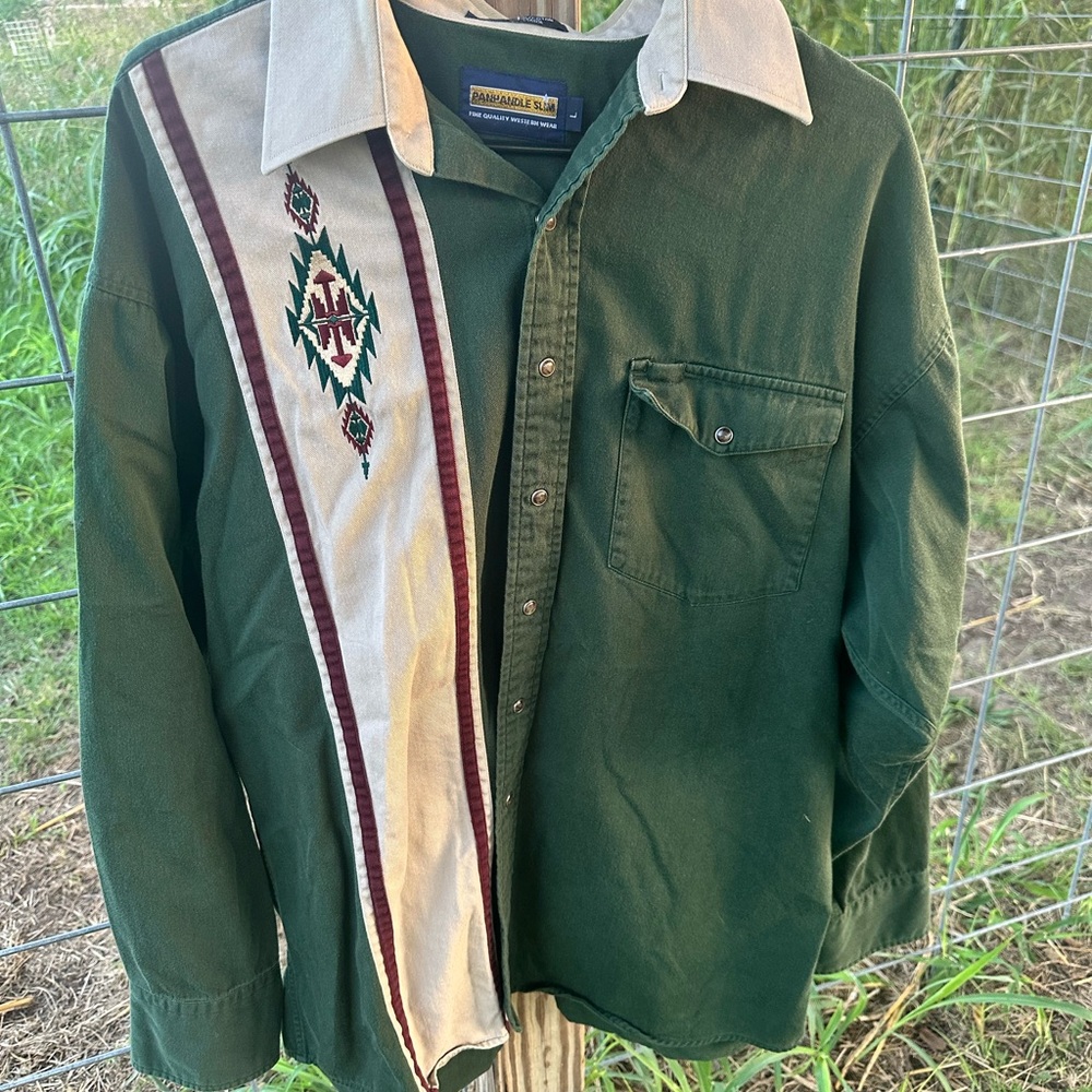 Panhandle Slim Green and Cream pearl snap shirt